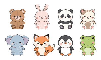 Adorable collection of cute cartoon animals including a bear, bunny, panda, cat, elephant, fox, penguin, and frog, perfect for children's designs and playful projects.