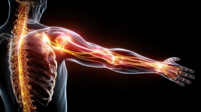 3D Illustration of Arm Muscles and Nerves in Human Anatomy