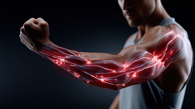 Athletic Arm With Highlighted Muscles and Neural Pathways