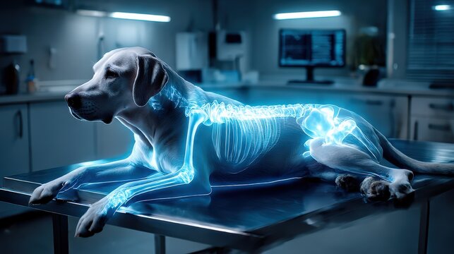 Dog on Veterinary Table with Digital Skeleton X-ray Overlay