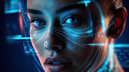 Woman with Digital Facial Recognition Interface Overlay