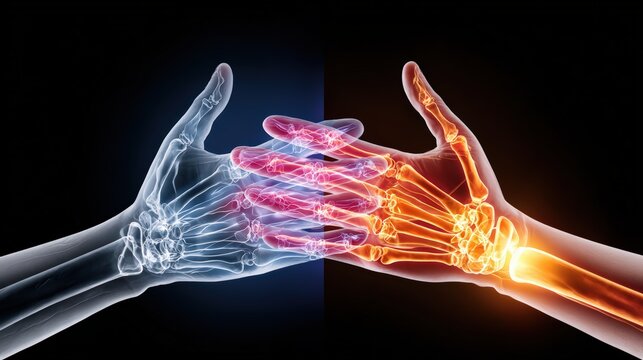 3D X-ray Illustration of Two Hands Touching with Bone Structure