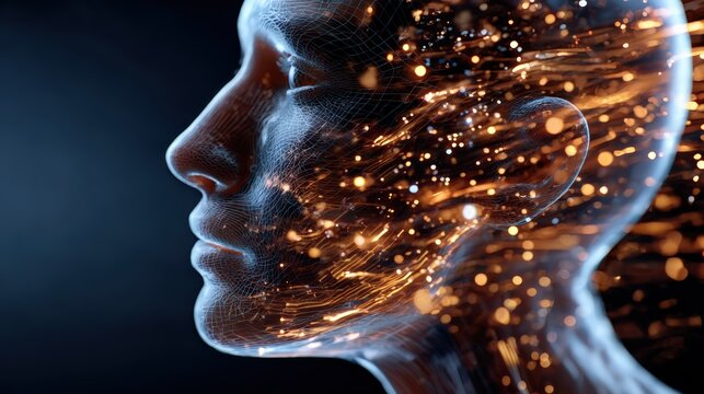 Digital Human Head with Glowing Particle Flow - Powered by Adobe