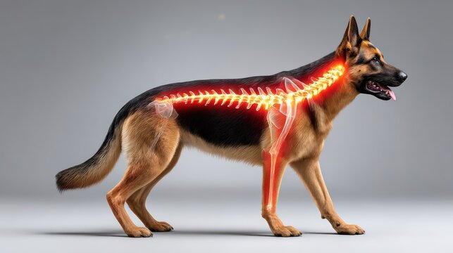 German Shepherd Dog with Highlighted Spine and Leg Anatomy