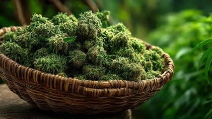 Freshly harvested cannabis buds in close-up view, placed in a basket with vivid green hues and visible trichomes, prepared for the natural drying stage after cultivation