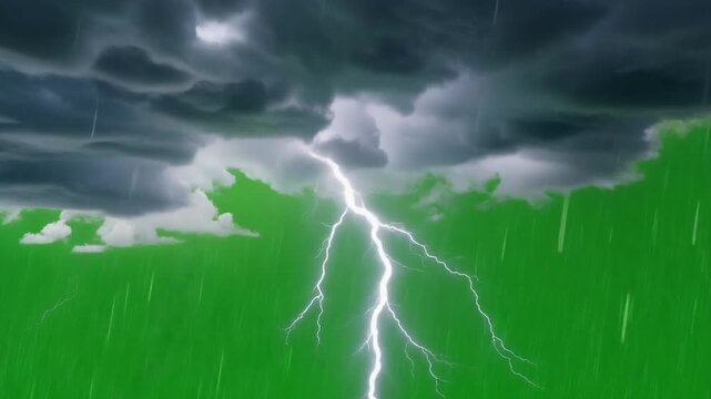 Thunderstorm over dark clouds isolated on green screen