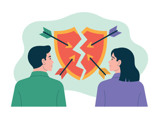 A couple facing a broken shield pierced by arrows representing conflict