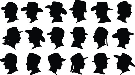Silhouette set of men wearing hats, male profile heads with caps, cowboy hat vector collection, fashion accessories illustration.