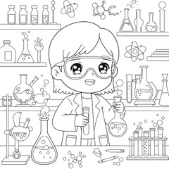 Obraz premium Young scientist in lab coat conducting chemistry experiment in laboratory setting with various equipment and molecular structures in the background