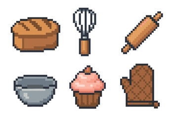 Retro 8-bit pixel art set of baking and cooking icons featuring a loaf of bread, cupcake, whisk, rolling pin, mixing bowl, and oven mitt, presented as a collection