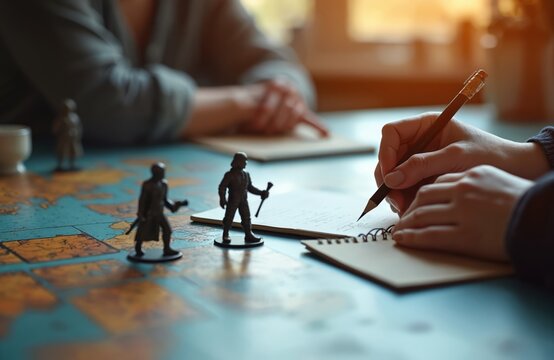Person writes story in notebook for tabletop role-playing game session. Miniature soldiers placed on map. Hobby involves games with friends. Role playing adventure on table.