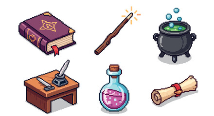 Isometric pixel art collection of magical items for a fantasy game, featuring a spellbook, glowing wand, bubbling cauldron, potion bottle, and ancient scroll
