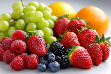Fresh ripe strawberries raspberries blueberries grapes and oranges