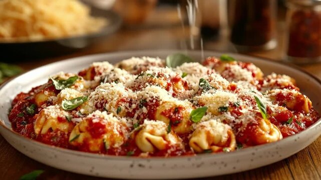 Delicious cheese tortellini in rich tomato sauce with fresh basil and parmesan