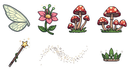 Naklejka premium Charming collection of fantasy pixel art icons, including fairy wings, a magic wand, mushrooms, a flower, and a leaf crown