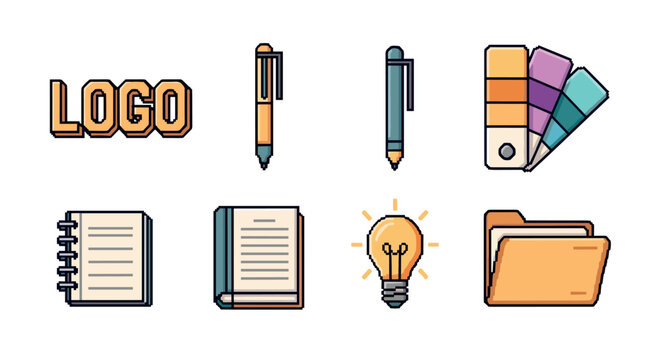 Pixelated icon set for creative work and branding, featuring a logo, pens, color guide, notebook, idea lightbulb, and folder in a retro 8-bit video game art style