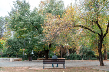 A solitary older man sits quietly on a bench surrounded by trees, portraying a serene moment in a peaceful public park.
