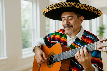 Smiling man wearing sombrero strumming guitar in bright room with large windows
