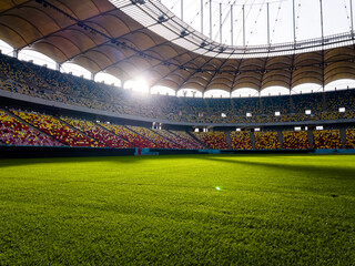 Massive Soccer Stadium Filled. Wide view of empty stadium. Green grass on a sport Arena. Empty Football Soccer Stadium Tribune. National arena with empty seats. Sport event on National Arena. 