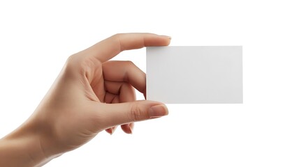 Obraz premium Hand holding blank white business card isolated on white background, perfect for showcasing your brand or contact information