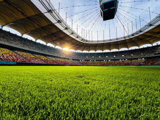 Massive Soccer Stadium Filled. Wide view of empty stadium. Green grass on a sport Arena. Empty Football Soccer Stadium Tribune. National arena with empty seats. Sport event on National Arena. 