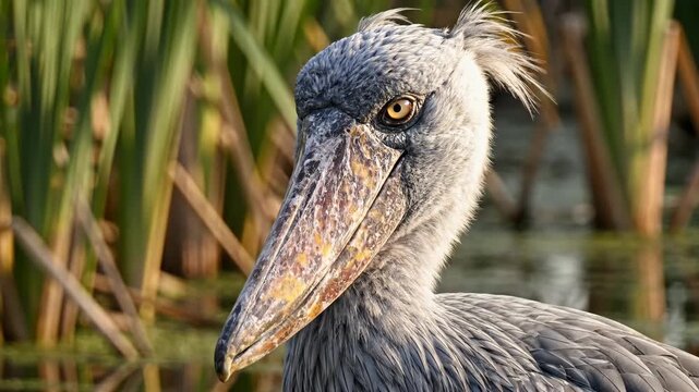 A striking closeup of a Shoebill showcasing its unique bill and feathered plumage against a backdrop of tall reeds and water