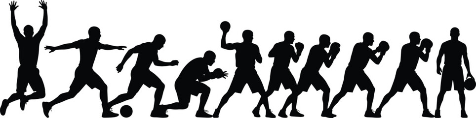 Sports silhouettes vector set, soccer football players kicking ball, basketball athletes dribbling and holding ball, action figures collection