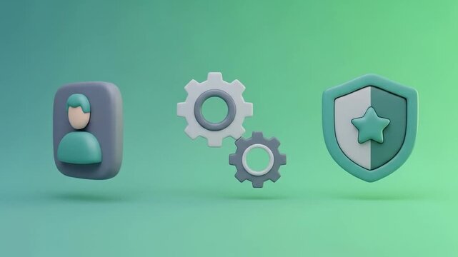 Modern 3D rendered icons representing user profile management, system settings configuration, and robust data security, essential for digital interface design and web development