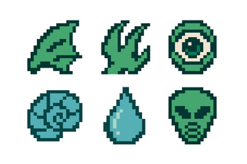Fototapeta premium Set of retro 8-bit pixel art game assets featuring fantasy and sci-fi elements like an alien, eyeball, shell, and water droplet, designed for a vintage video game interface