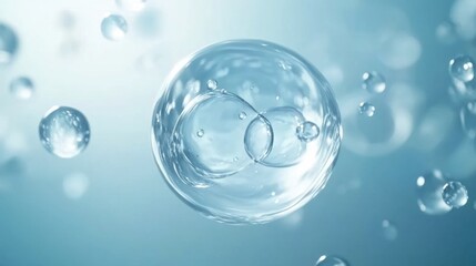 transparent water droplets floating in the air, with one large drop centered and surrounded by smaller drops.