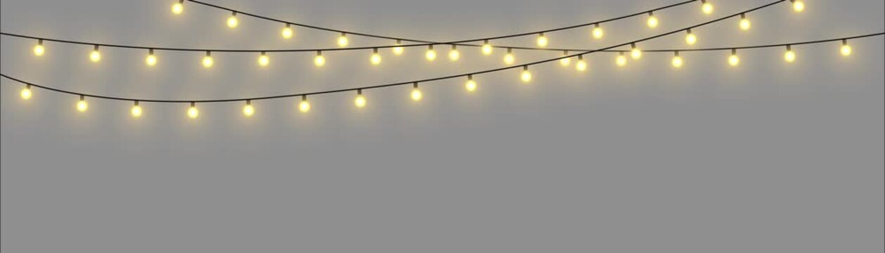 Twinkling fairy lights glow in soft amber. Golden garland loops around festive corner. Warm bulbs dangle on celebration wire. Holiday sparkle brightens the dark scene. mini light line animation. 4k