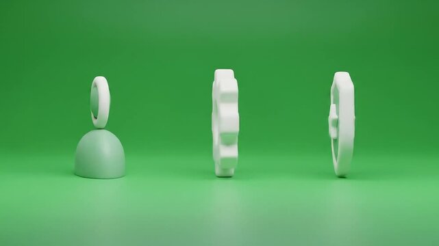 Abstract 3D white geometric shapes and symbolic elements against a vibrant green backdrop, representing innovation, progress, and interconnected systems in a minimalist modern design