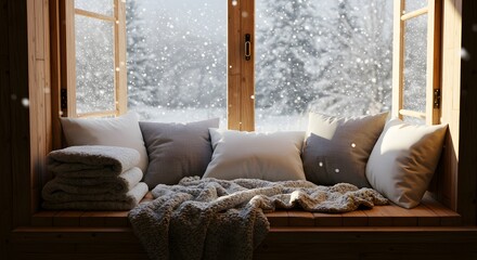 Window seat with pillows and blanket during snowfall
