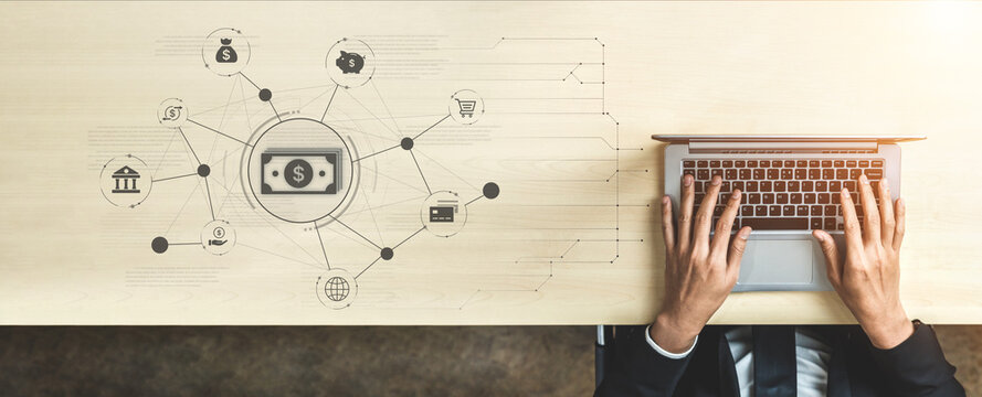 A fintech concept showing a network of digital banking services. This includes secure online payments, global transactions, and e-commerce for the modern financial system. Fermion