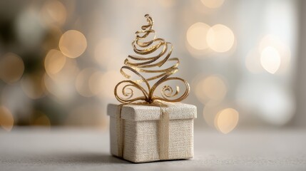 linen gift box with ribbon shaped like a christmas tree