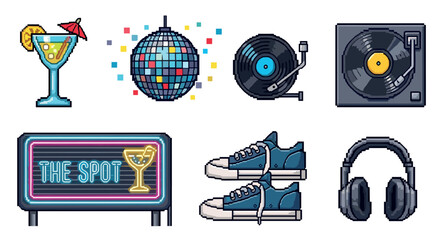 Vibrant collection of retro pixel art icons for a party or music theme, featuring a disco ball, turntable, cocktail, neon sign, and sneakers in a nostalgic 8-bit video game aesthetic