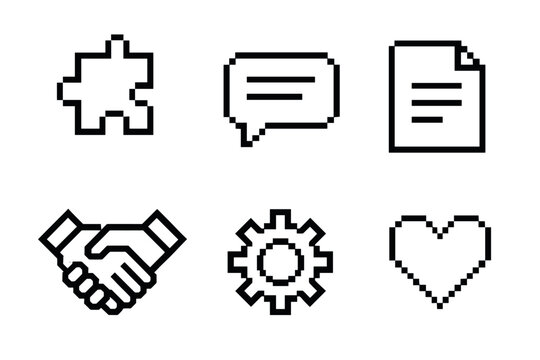 Set of six black pixel art business and communication icons, including a puzzle piece, speech bubble, document, handshake, gear, and heart