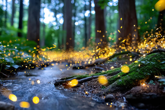 Golden bokeh lights over forest stream at twilight