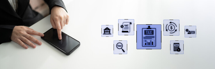 Financial regulation and tax compliance concept showing tax document, VAT, transaction flow, and...