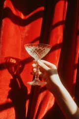 Naklejka premium Hand Holding a Clear Glass in Front of a Red Curtain With Soft Shadows at Sunset