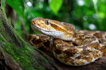 Obraz premium Closeup of Ferdelance Pit Viper on Mossy Branch