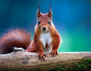 A curious red squirrel perched on a mossy branch, gazing directly at the camera with its fluffy tail and alert expression.