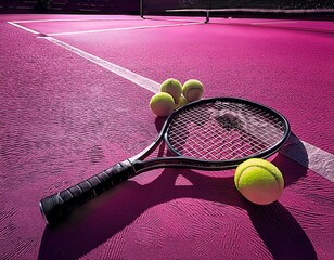 A close-up shot of a tennis racket and tennis balls on a pink tennis court with sunlight casting shadows.