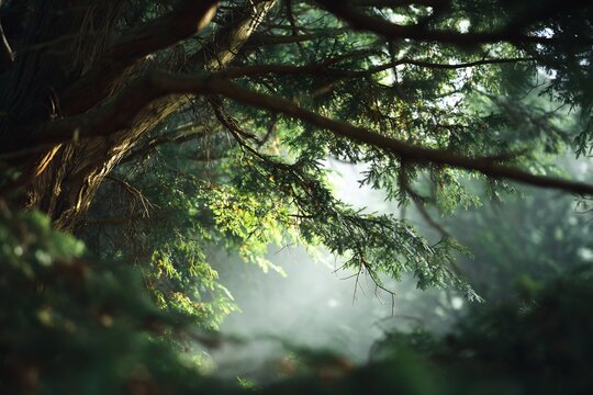 Sunlight filtering through dense forest canopy with visible mist and lush green foliage creating depth - Powered by Adobe