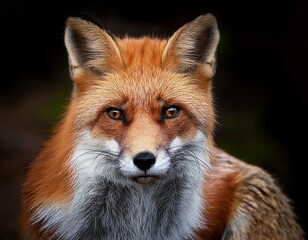 Fototapeta premium Intense Gaze: A striking portrait of a red fox with amber eyes staring directly into the camera against a dark background.