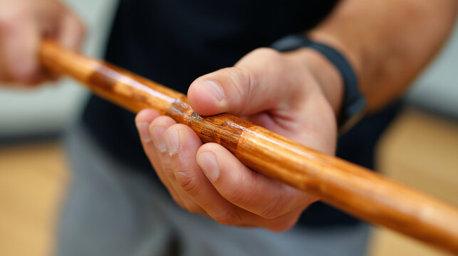 Trainer demonstrating RDL hinge with dowel, three-point contact cue, educational form focus, with copy space