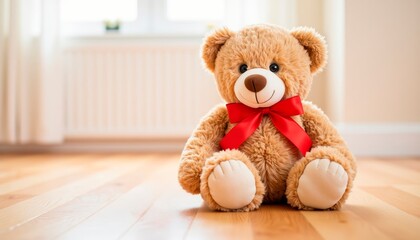 Obraz premium Stuffed teddy bear sitting on wooden floor with red bow 
