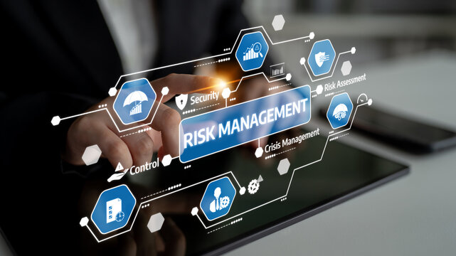 A professional digital interface showcasing risk management strategies, featuring icons related to control, security, assessment, and crisis management for business professionals. Tessel