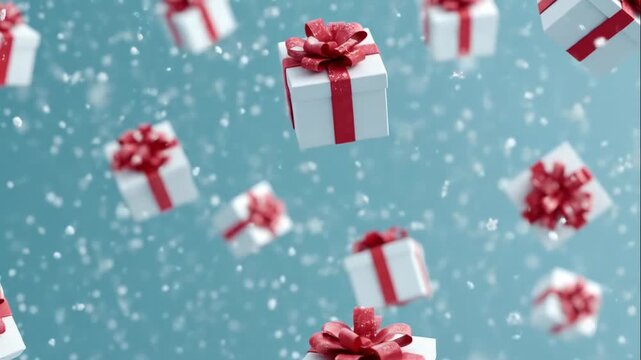 Floating white gift boxes with red ribbons in snowy blue sky. Animated christmas presents drifting like snowflakes for holiday greetings and festive backgrounds video footage video footage