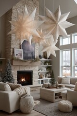 Naklejka premium Elegant Holiday Living Room With Star-Shaped Decorations and Cozy Fireplace Glowing